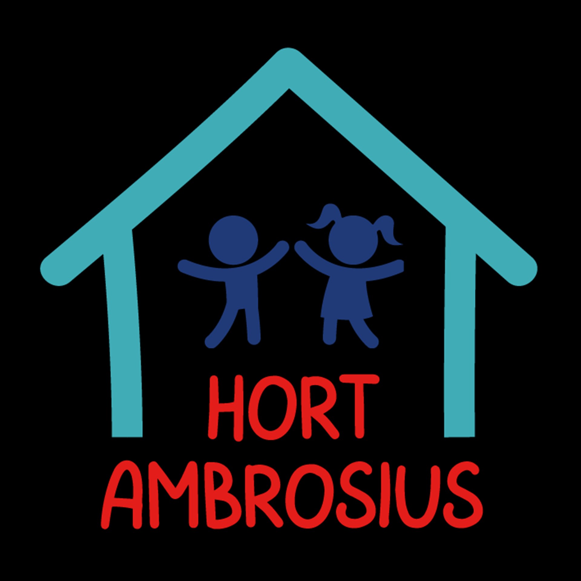 Piktogramm: Umriss eines Hauses, darin ein Junge und ein Mädchen; Schriftzug: Hort Ambrosius